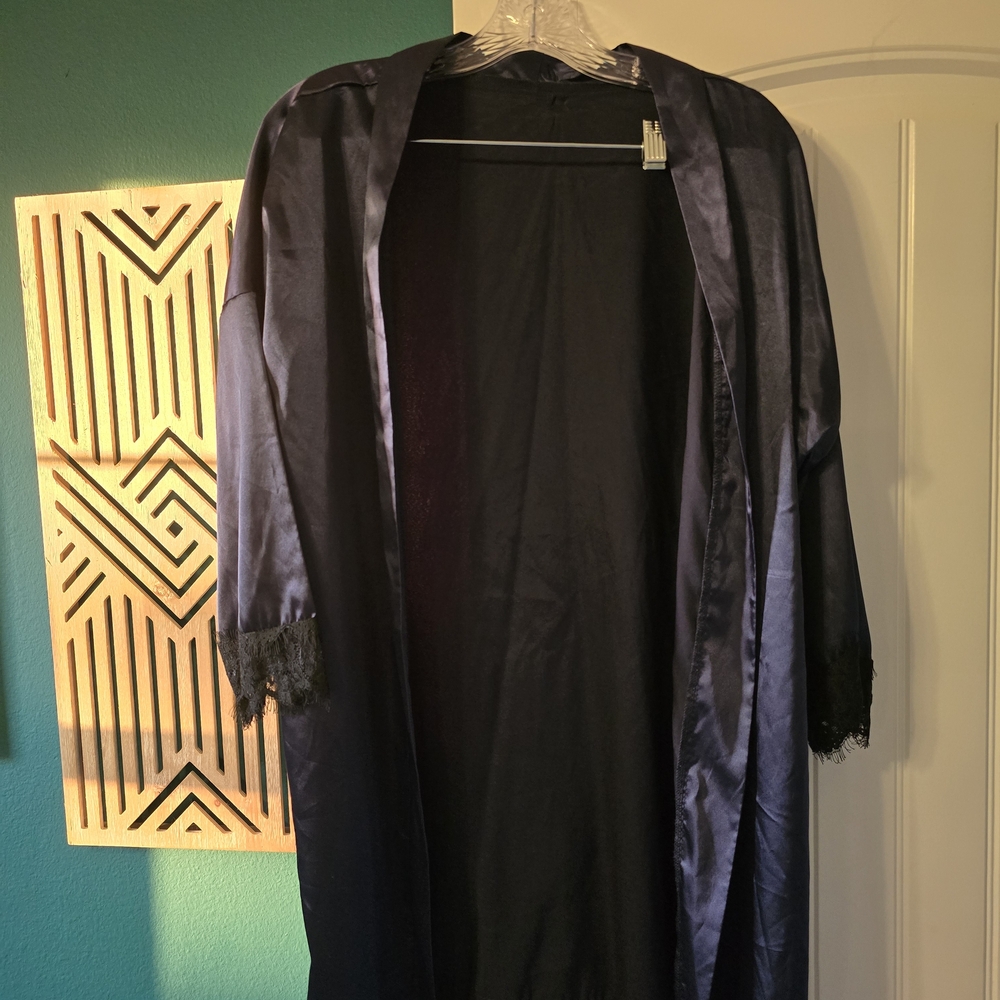 SHEIN Navy Robe with Black Lace Cuffs